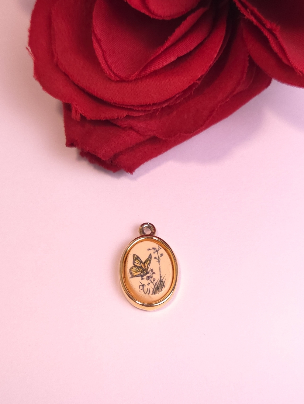 Vintage Barlow Butterfly & Flower Scene Gold Plated Pendant or Charm